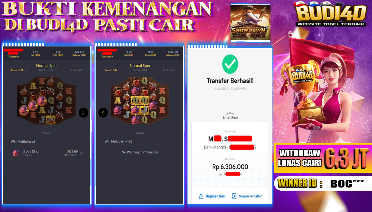 BUDI4D JACKPOT USERID: BOC**** SLOT PGSOFT  SHOWDOWN Rp.6.306.000,- LUNAS